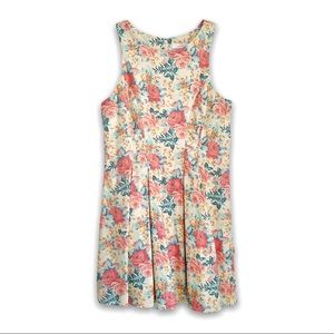 Lush Floral Denim Pleated Fit & Flare Skater Dress